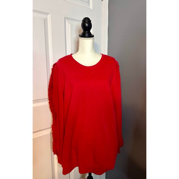 Crown & Ivy top 2x Red Pullover Womens Long Sleeve With Ruffled sleeve - Picture 6 of 6